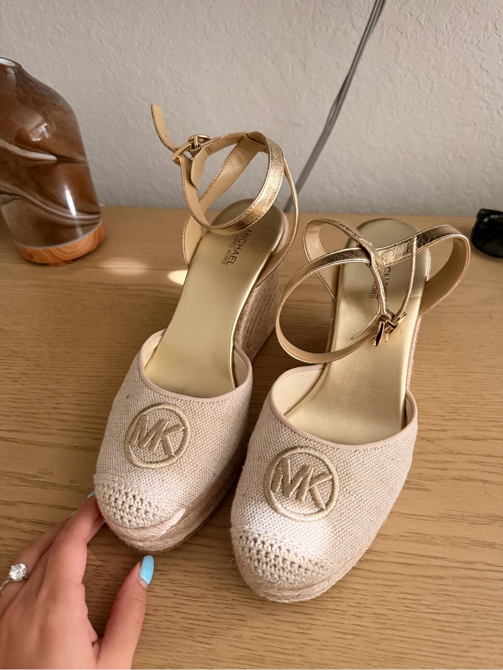Michael Kors Neutral Espadrille Wedge Sandals with Metallic Ankle Straps